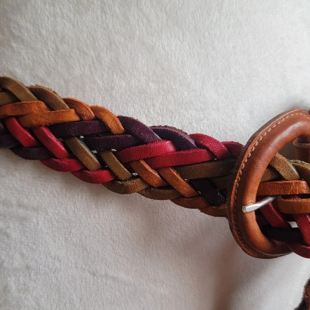 Brown Multi Colored Braided Leather Belt‎ Boho Woven Made in USA Size Large